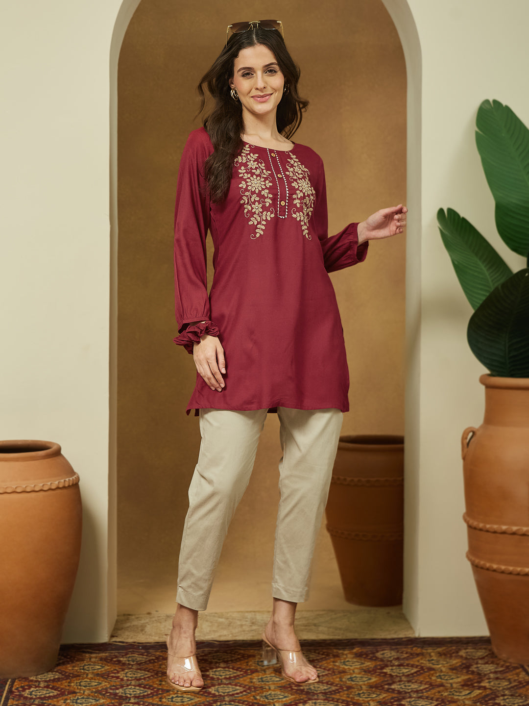 Janasya Dark Rayon Embroidered Straight Tunic 