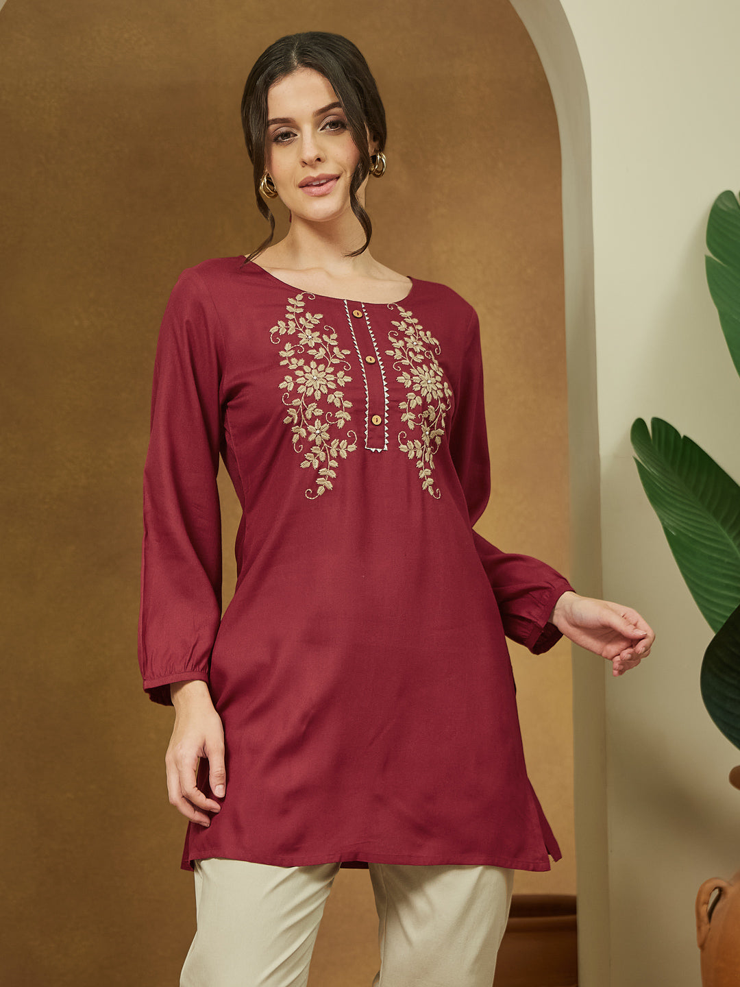 Janasya Dark Rayon Embroidered Straight Tunic 