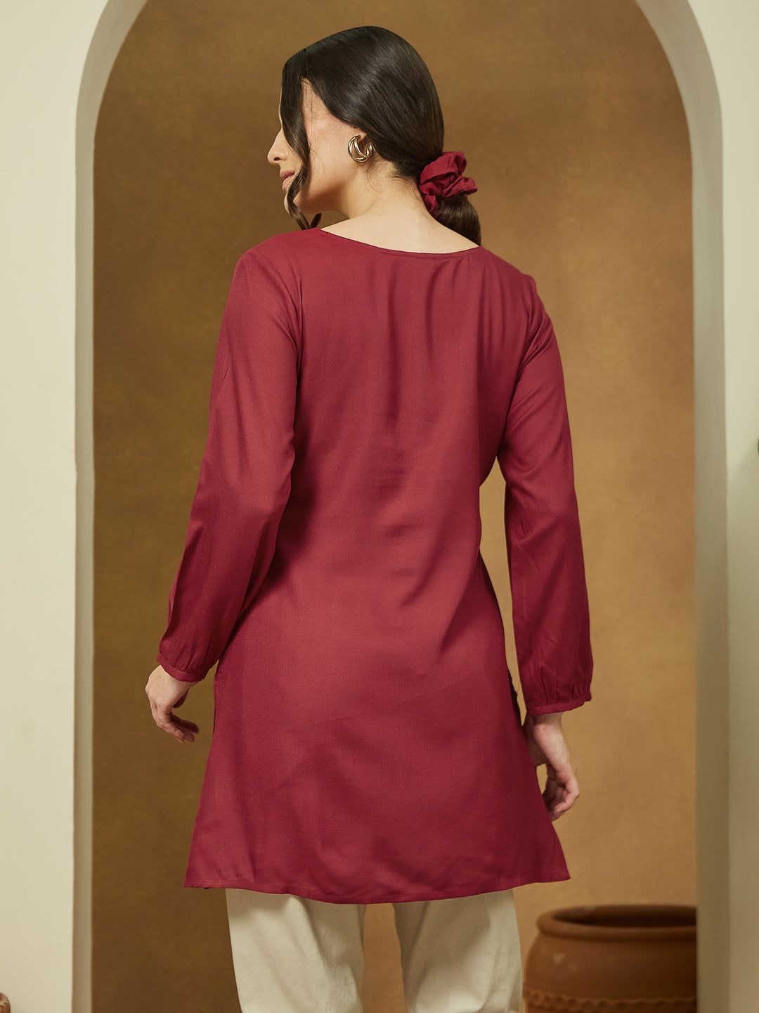 Janasya Dark Rayon Embroidered Straight Tunic 