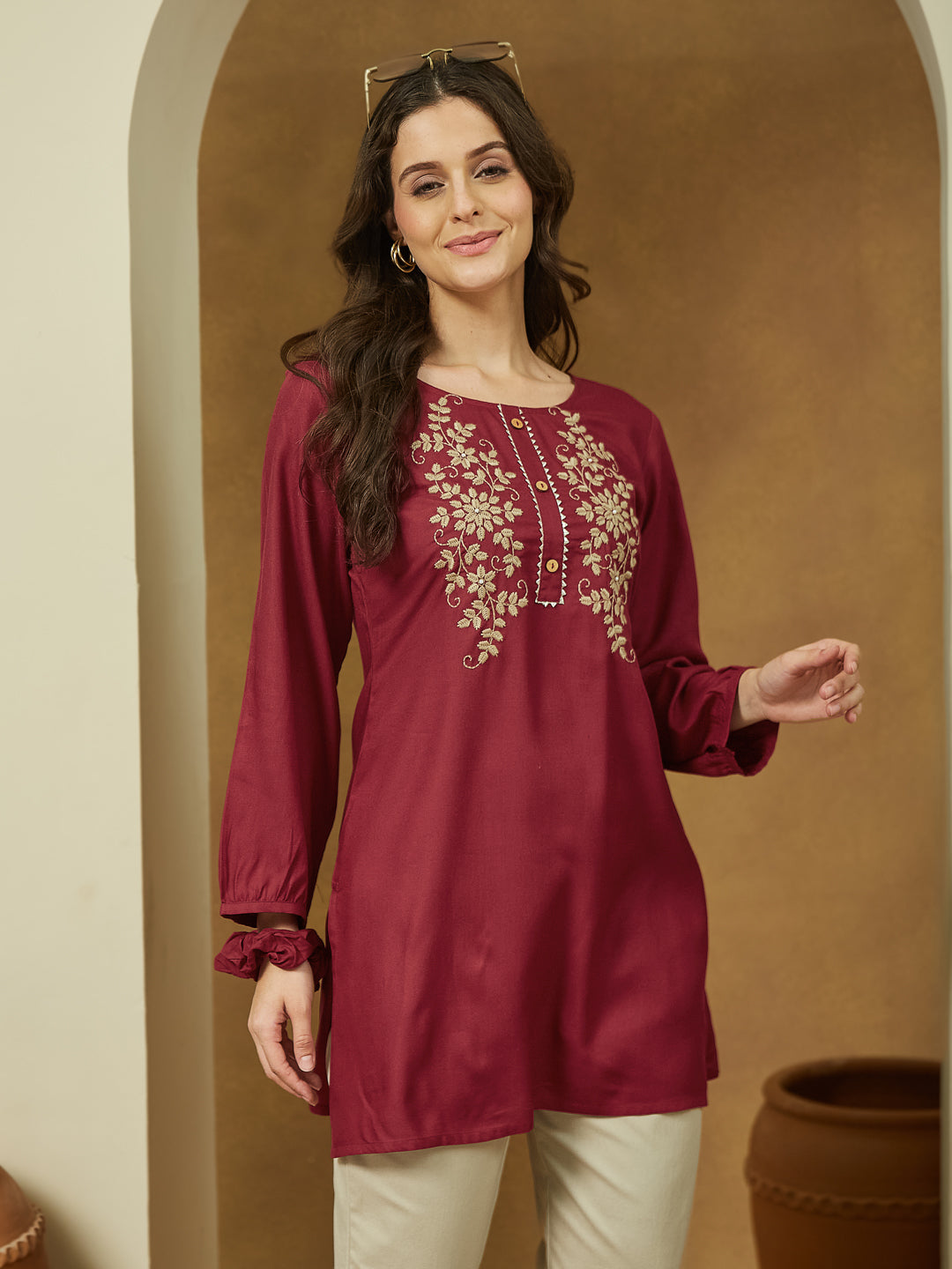 Janasya Dark Rayon Embroidered Straight Tunic 