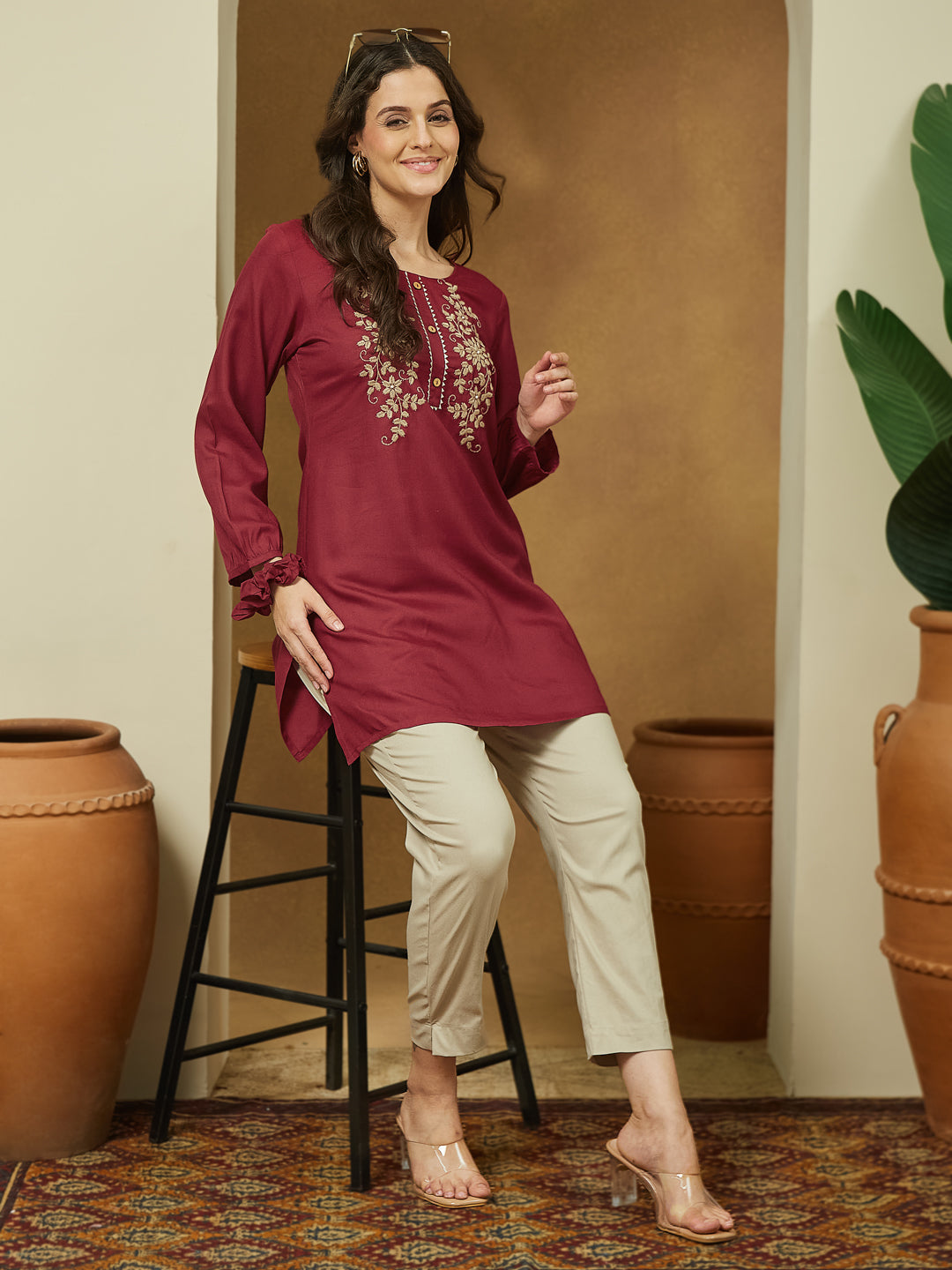 Janasya Dark Rayon Embroidered Straight Tunic 