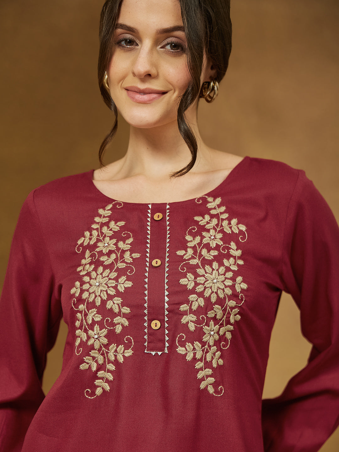 Janasya Dark Rayon Embroidered Straight Tunic 
