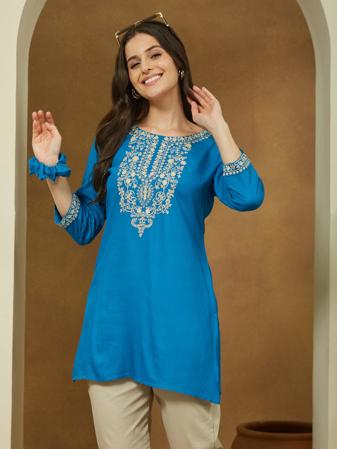 Janasya Dark Rayon Embroidered Straight Tunic 