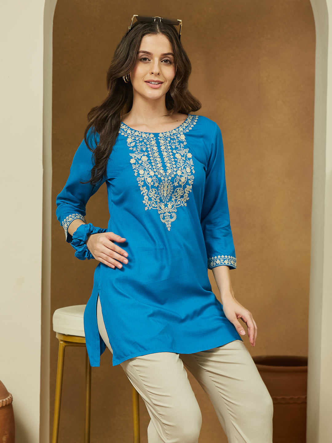 Janasya Dark Rayon Embroidered Straight Tunic 