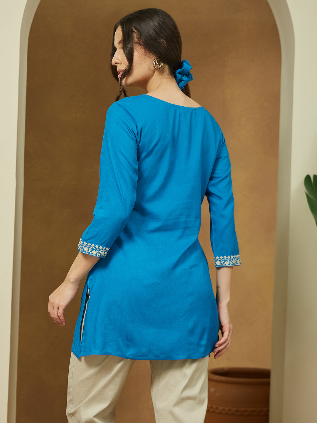Janasya Dark Rayon Embroidered Straight Tunic 