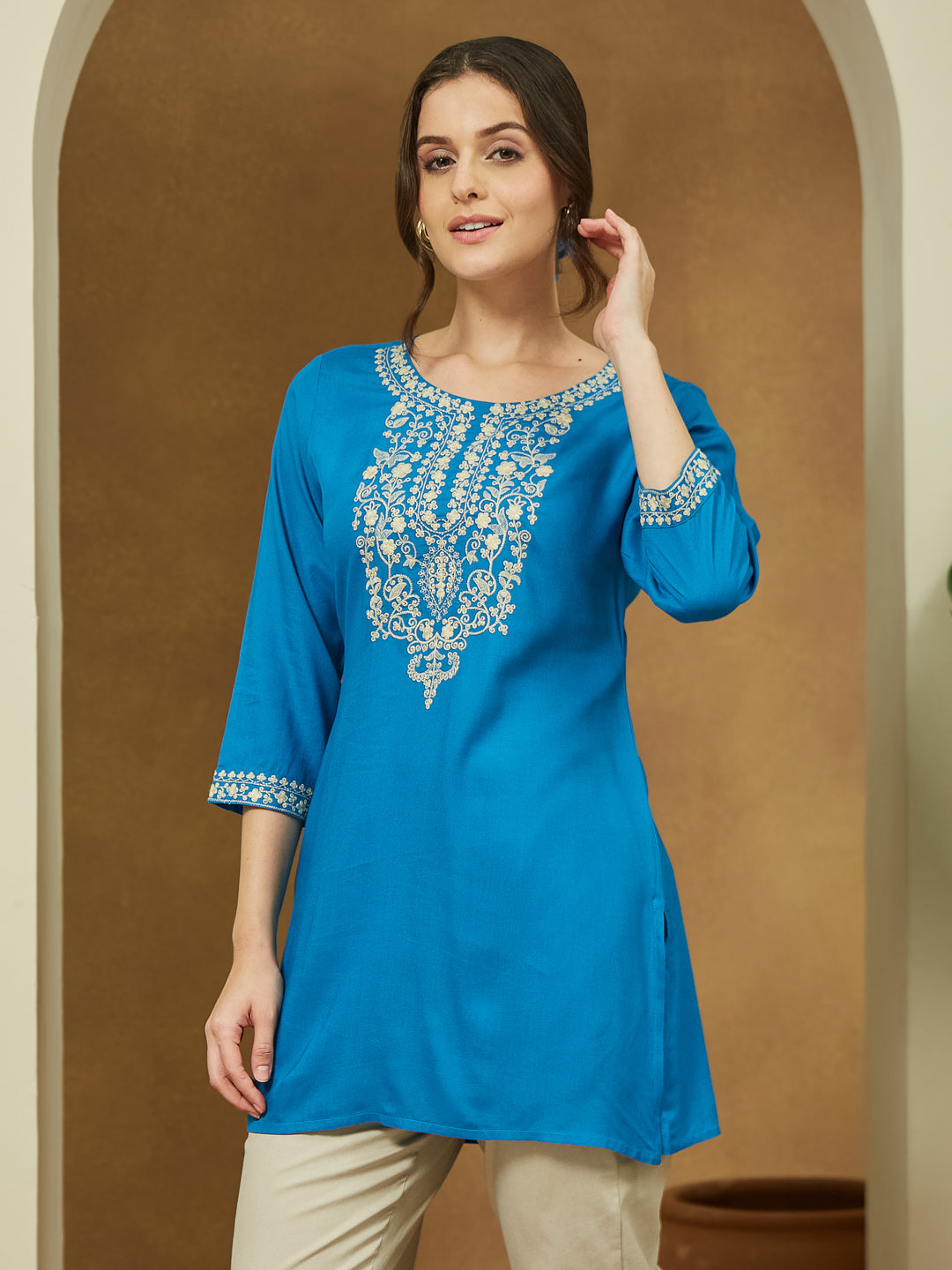 Janasya Dark Rayon Embroidered Straight Tunic 