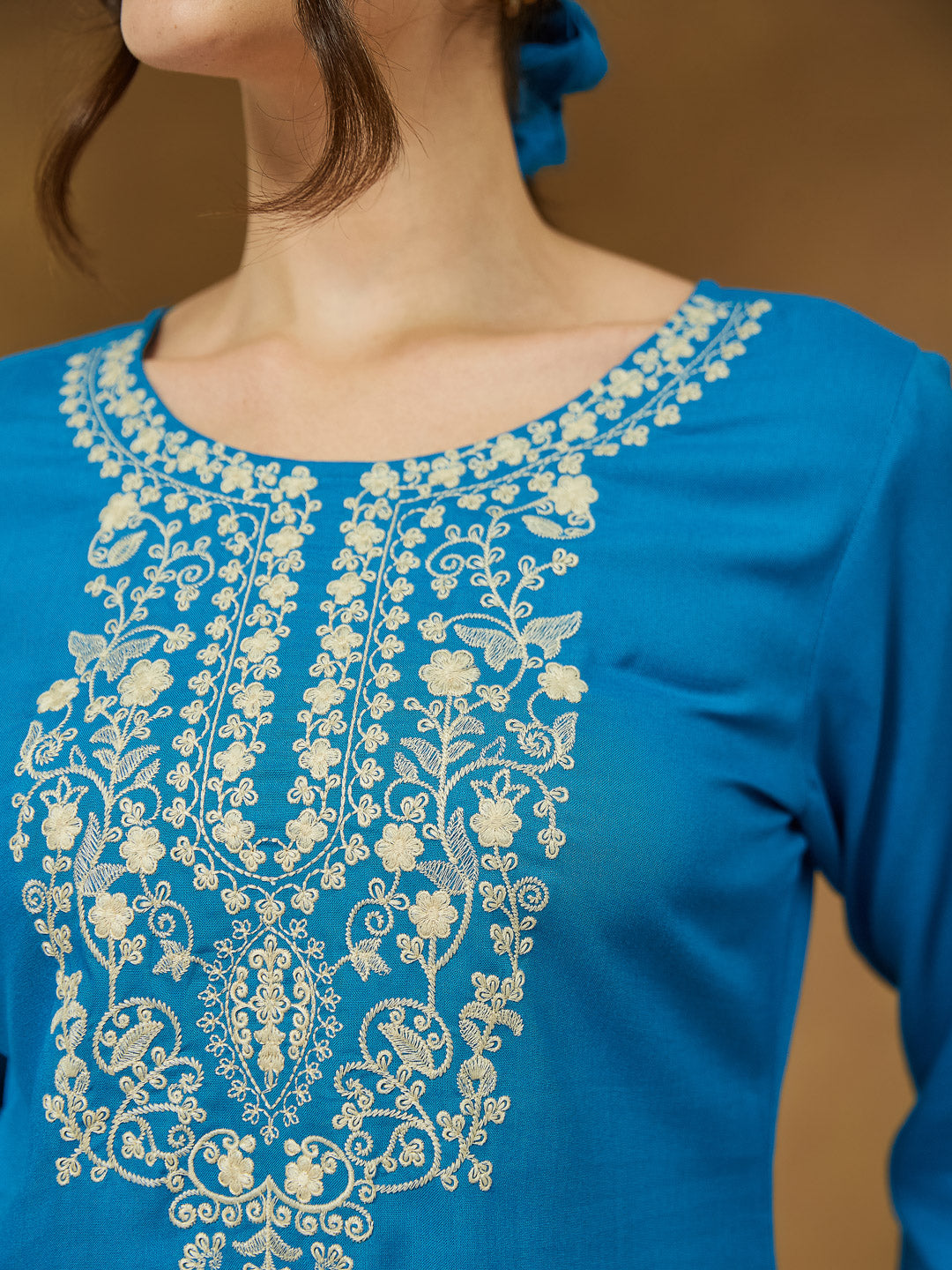 Janasya Dark Rayon Embroidered Straight Tunic 