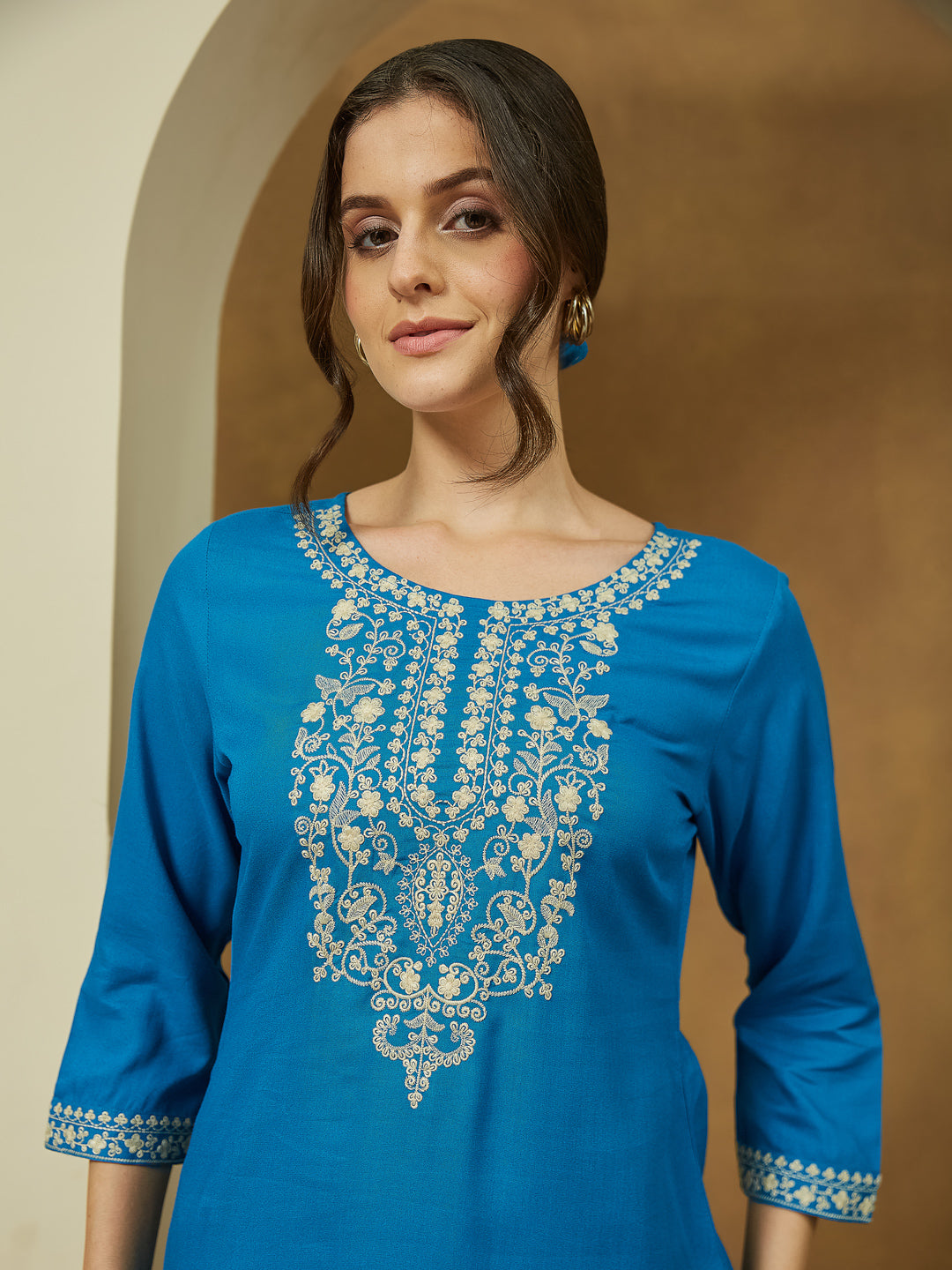 Janasya Dark Rayon Embroidered Straight Tunic 