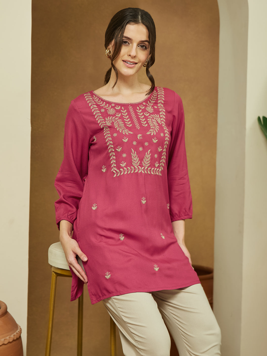 Janasya Dark Rayon Embroidered Straight Tunic 