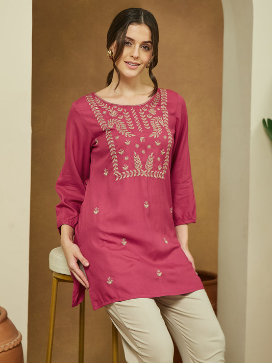 Janasya Dark Rayon Embroidered Straight Tunic 