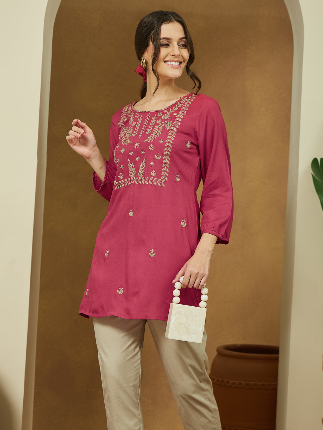 Janasya Dark Rayon Embroidered Straight Tunic 