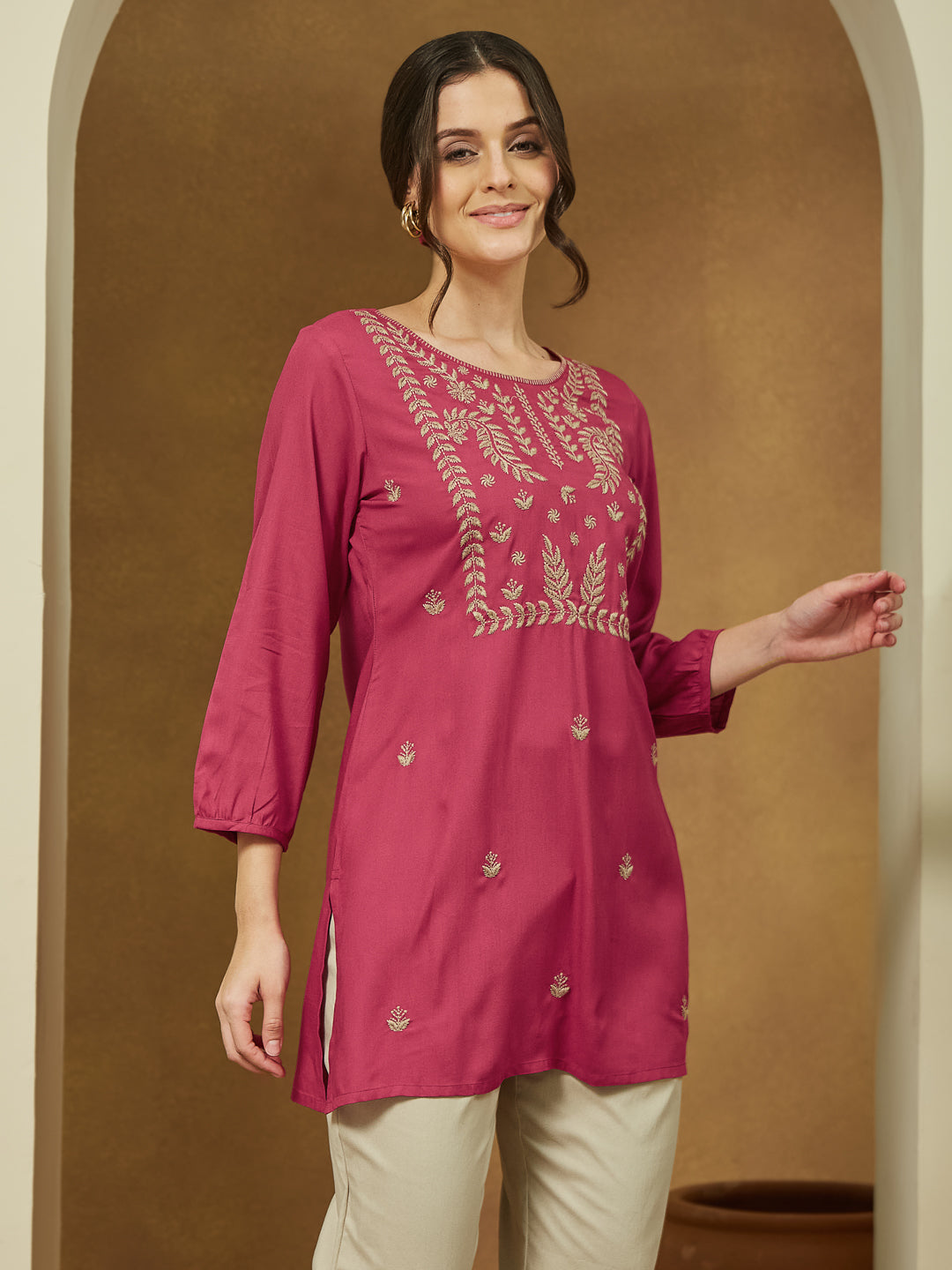 Janasya Dark Rayon Embroidered Straight Tunic 