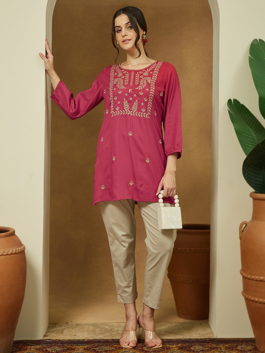 Janasya Dark Rayon Embroidered Straight Tunic 