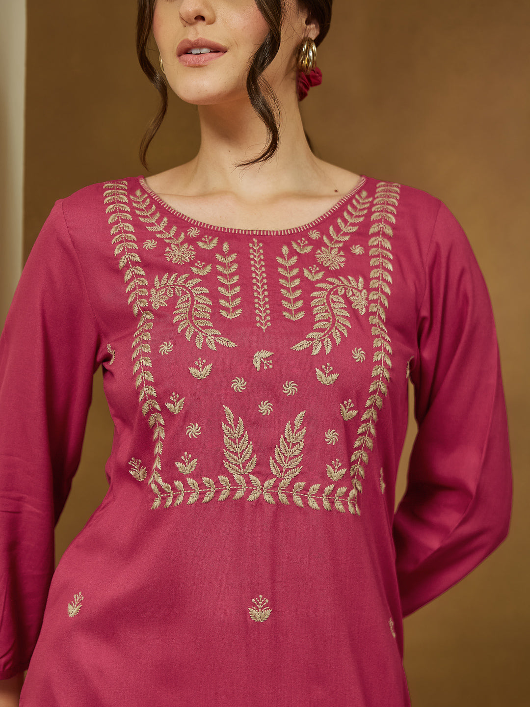 Janasya Dark Rayon Embroidered Straight Tunic 