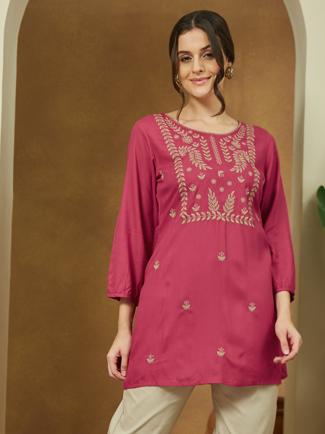 Janasya Dark Rayon Embroidered Straight Tunic 