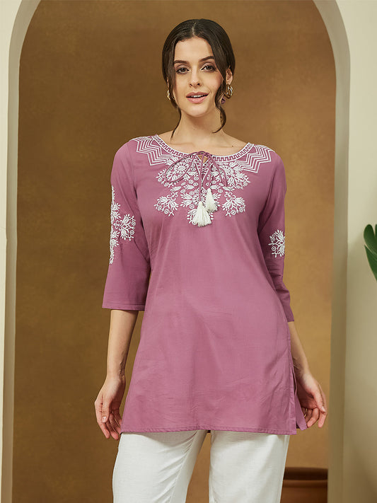 Janasya Dark Cotton Embroidered Straight Tunic 