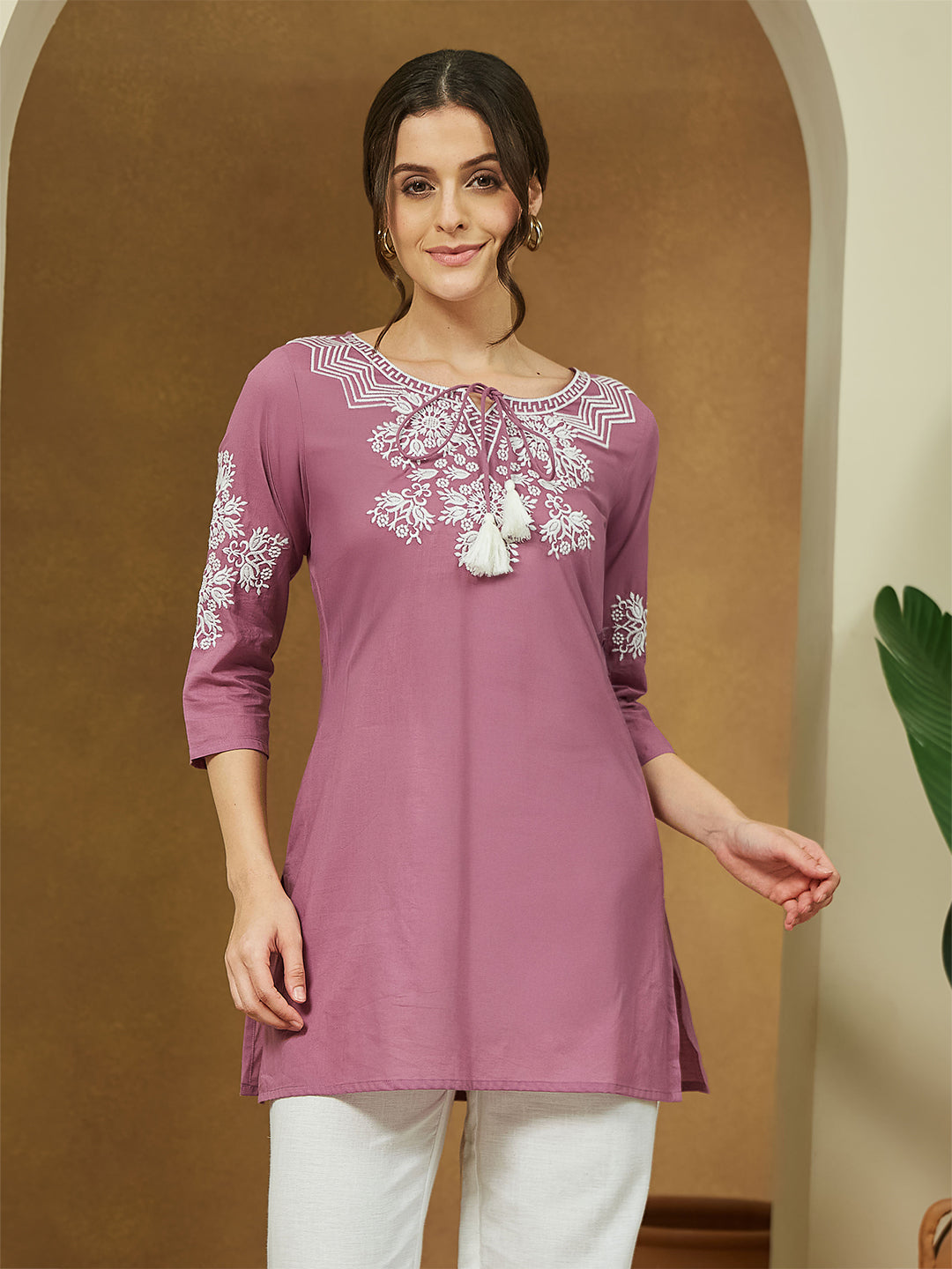 Janasya Dark Cotton Embroidered Straight Tunic 