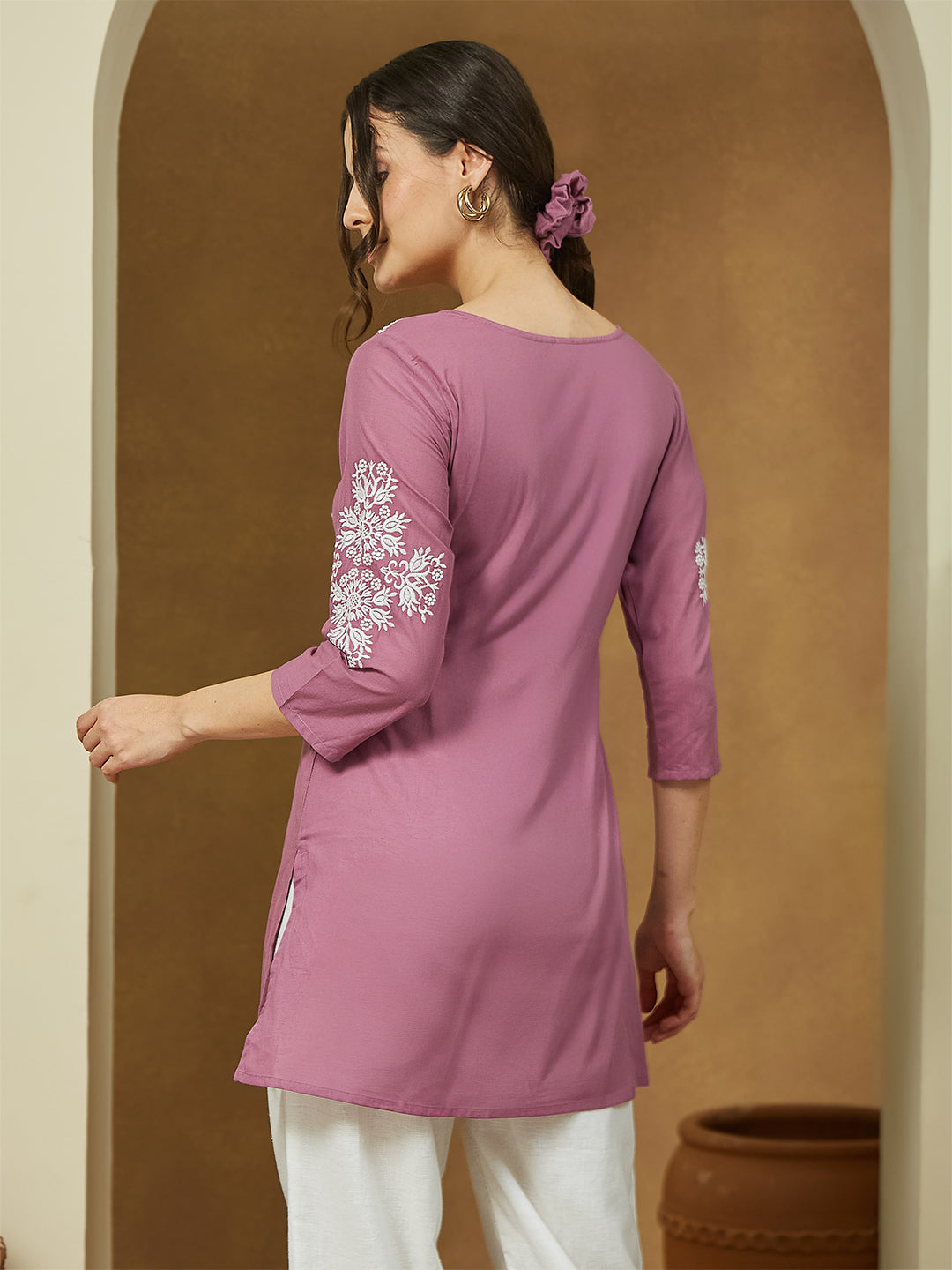 Janasya Dark Cotton Embroidered Straight Tunic 
