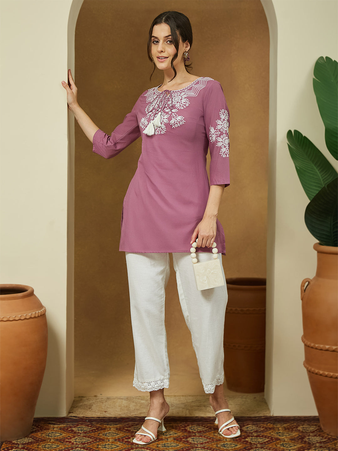 Janasya Dark Cotton Embroidered Straight Tunic 