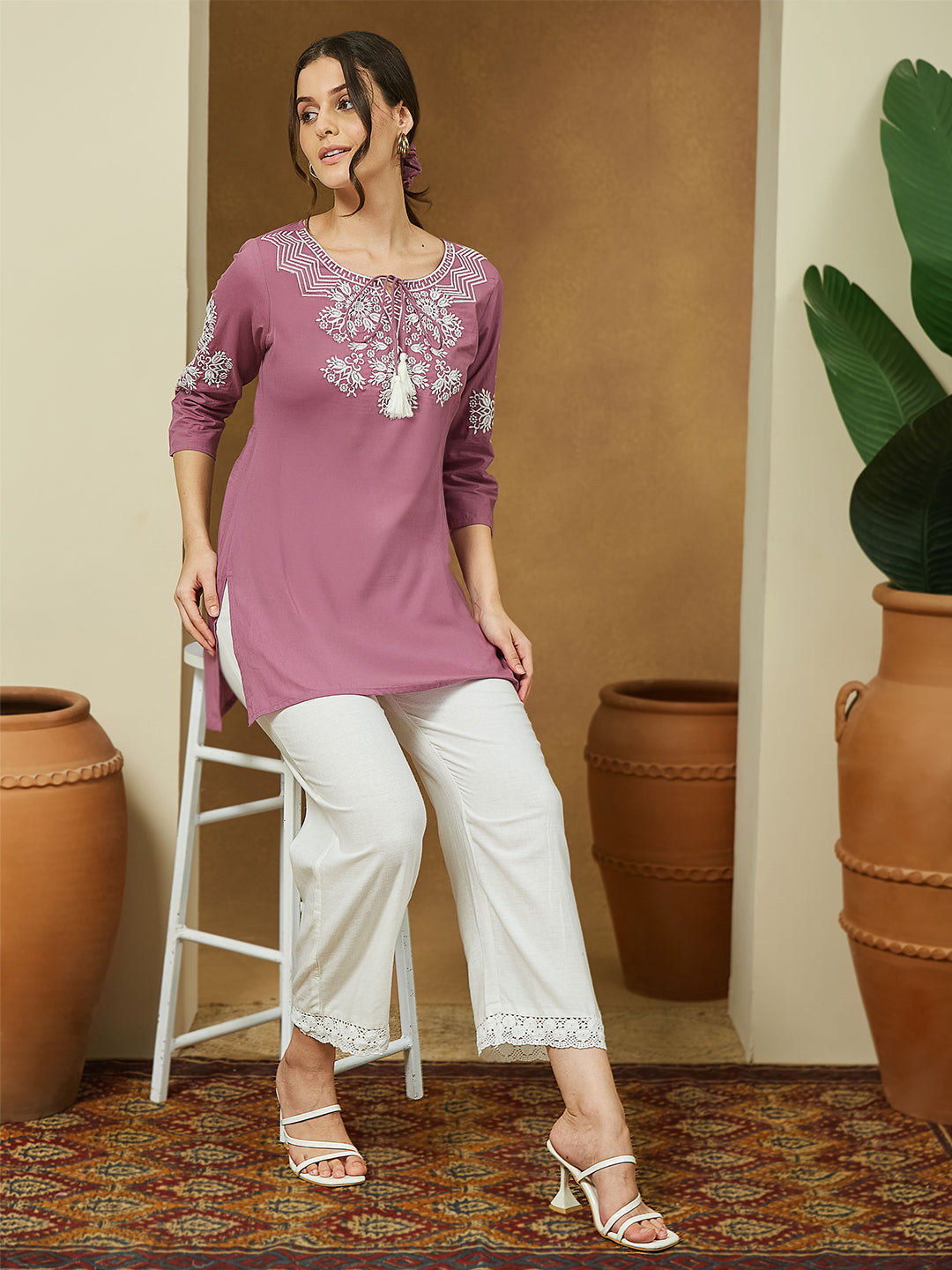 Janasya Dark Cotton Embroidered Straight Tunic 