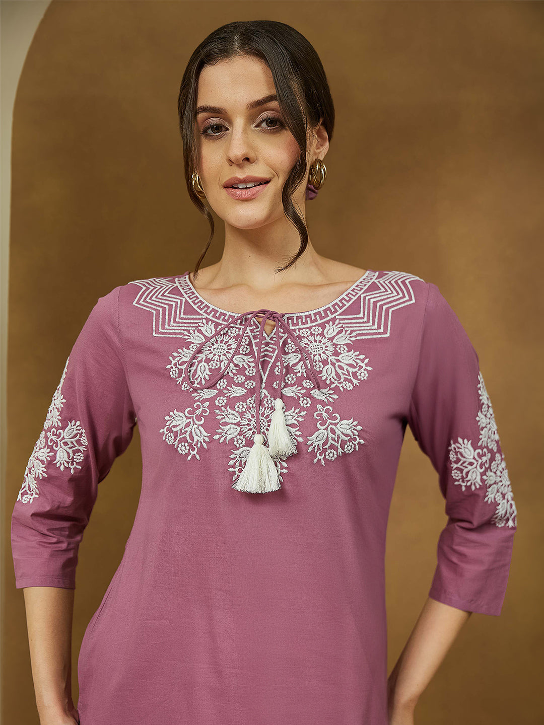 Janasya Dark Cotton Embroidered Straight Tunic 