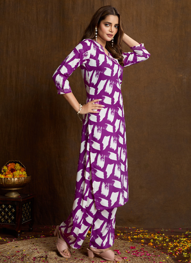 Prazu Fashion Purple Printed Cotton Blend Kurta Pant Set