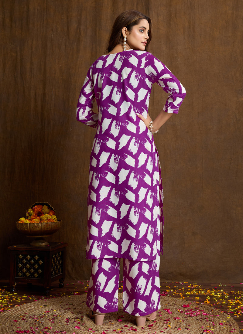 Prazu Fashion Purple Printed Cotton Blend Kurta Pant Set