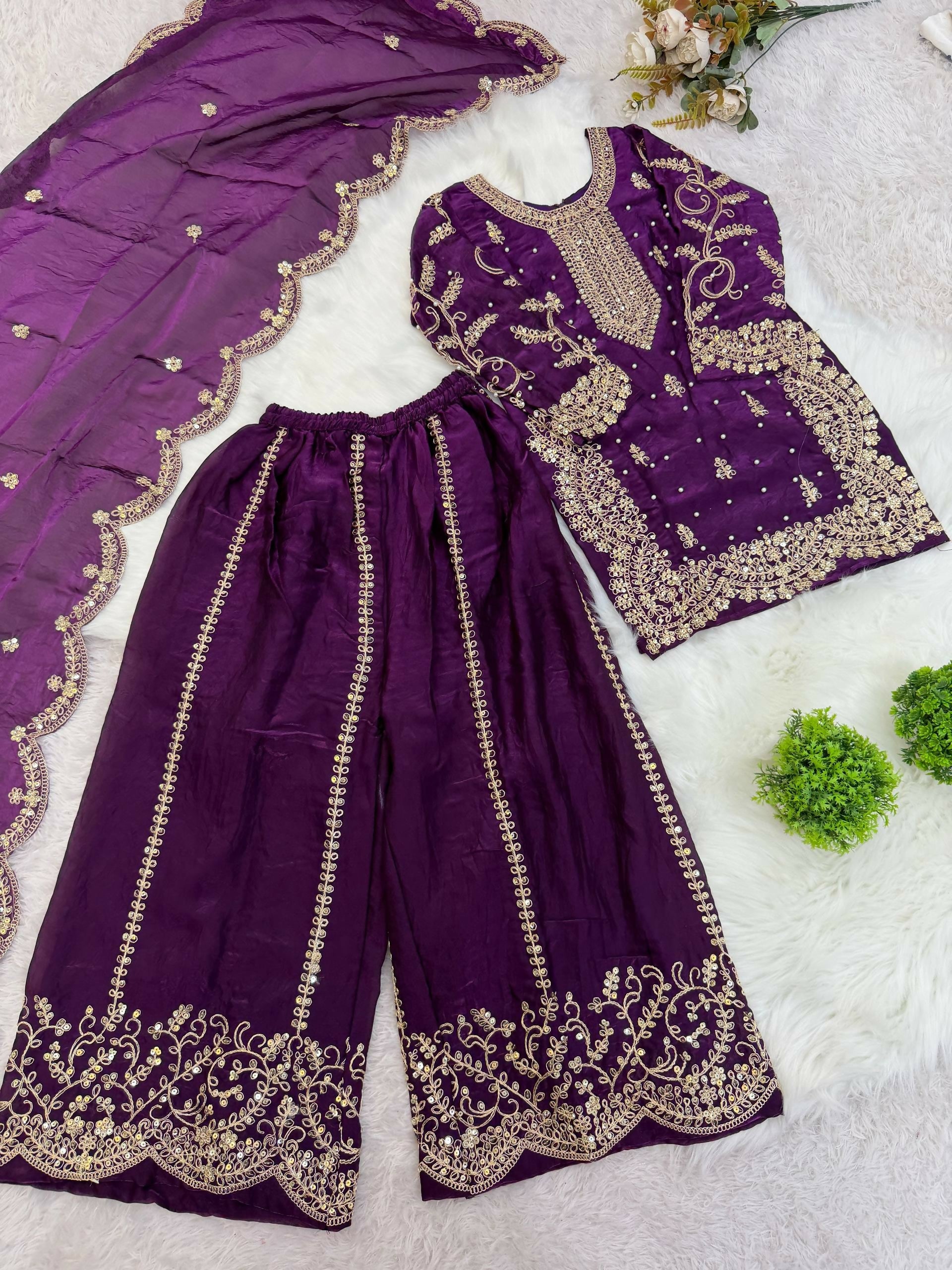 Teeya Creation New Trendy Fully Stitched Ready to Wear Kids Kurta Palazzo Set-Purple