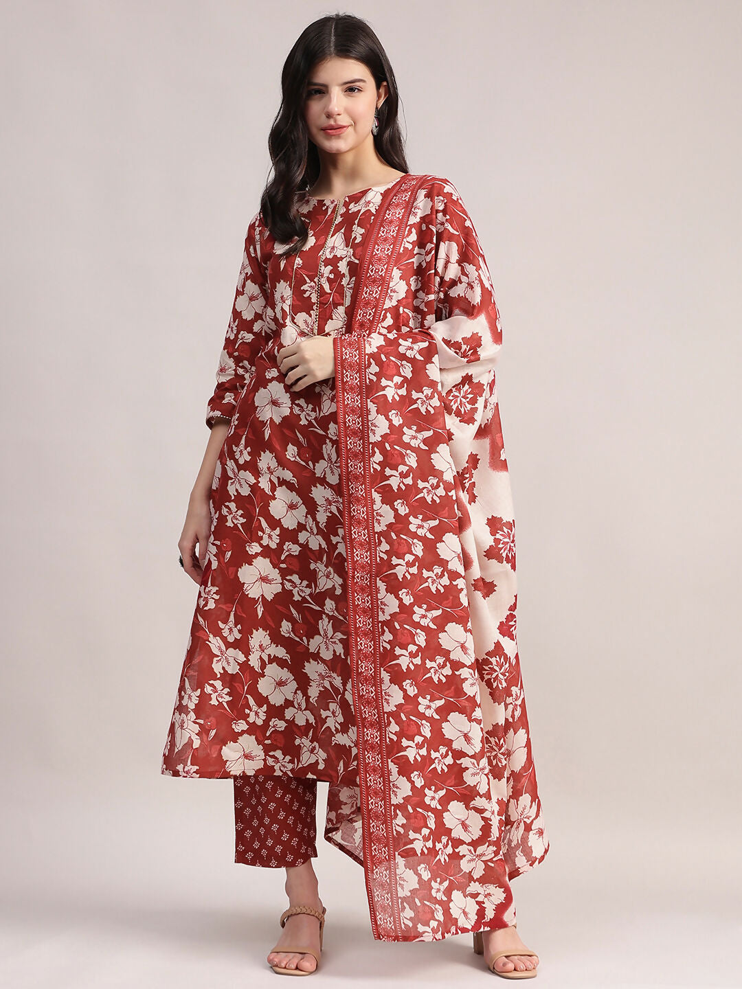 Aavyora Women Maroon Floral Printed Kurta with Printed Pants & Dupatta Set | Grab2Buy