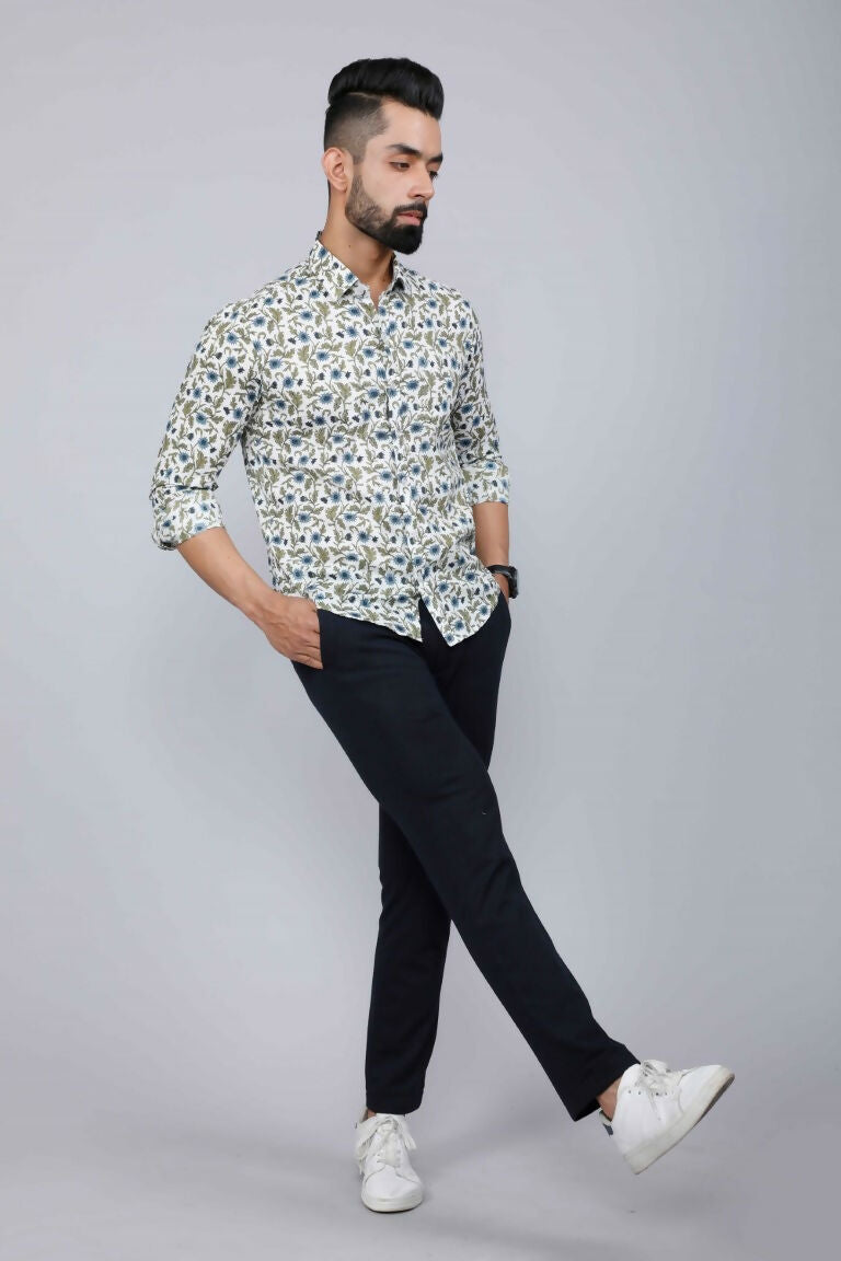 Miravan Men's White & Blue Floral Print Cotton Regular Fit Shirt 