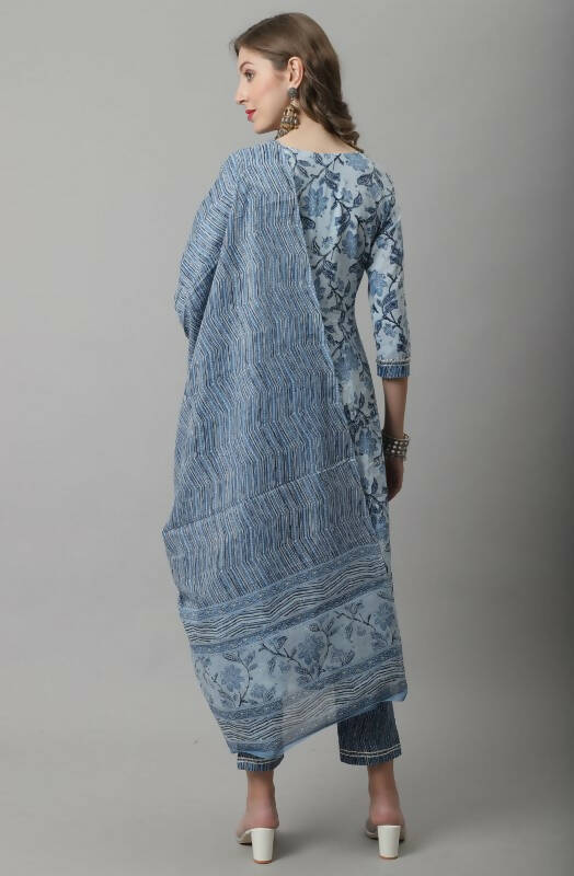 Aastha Fashion Women's Sky Blue Cotton Jaipuri Printed Kurta with Trouser & Dupatta - Grab2buy