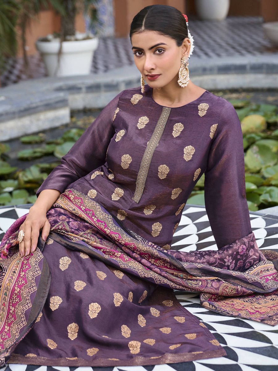 Aastha Fashion Women's Purple Pure Silk Elegant Jacquard Woven Kurta with Trouser & Dupatta - Grab2buy