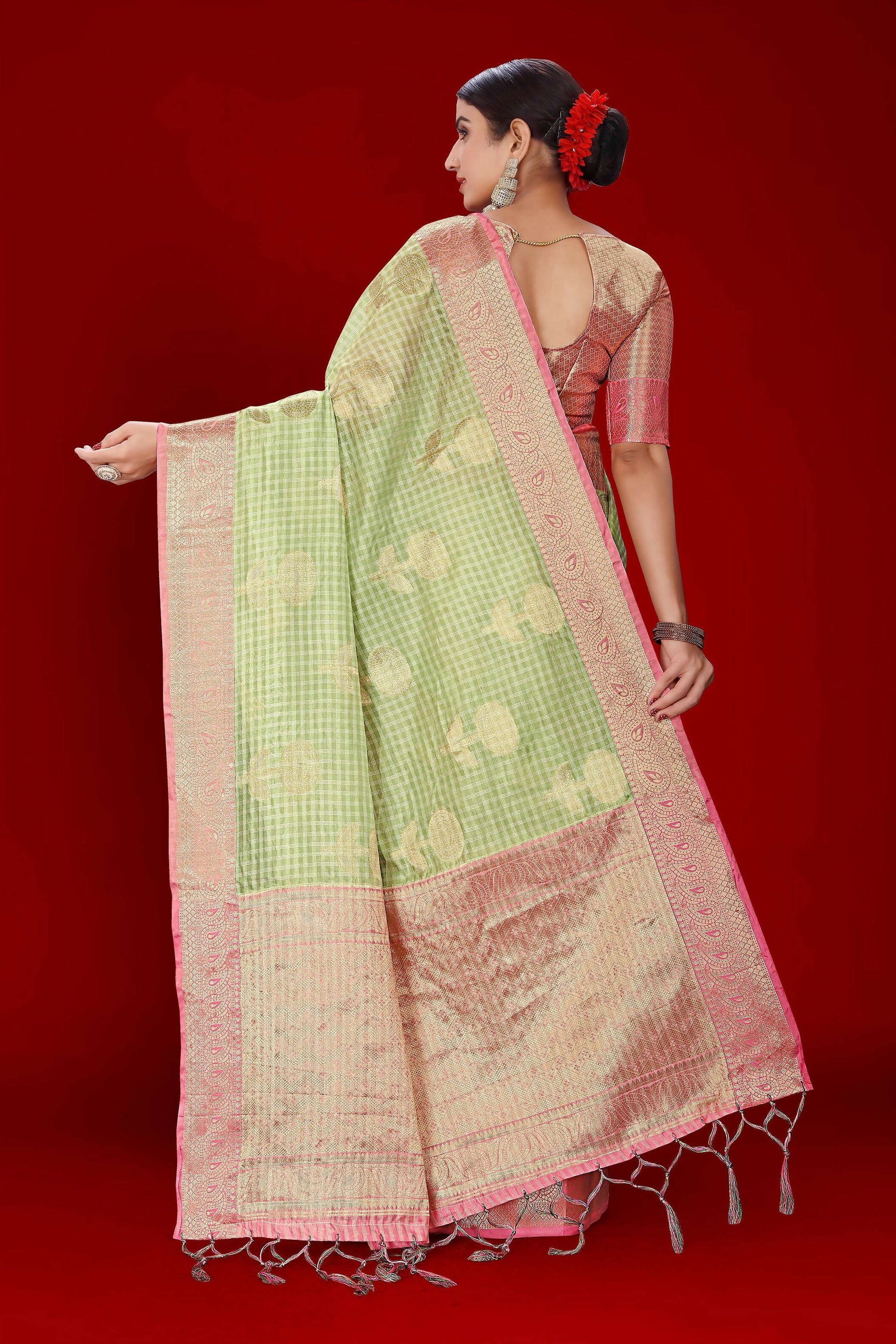 Green Soft Organza Woven Design Saree With Unstitched Blouse Piece - Zaara