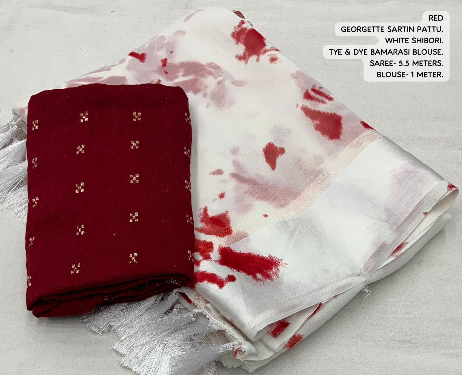 Red Poly Georgette Tie And Dye Saree with Unstitched Blouse - A2M