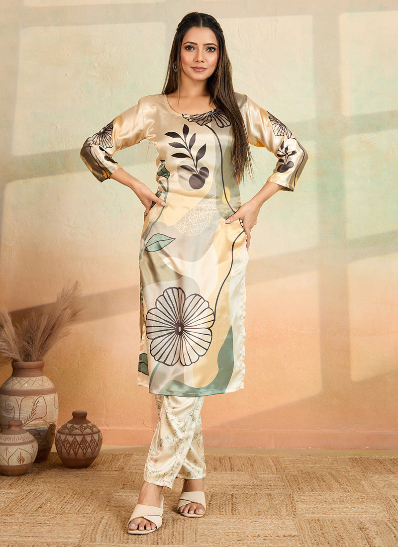Prazu Fashion Beige Printed Cotton Reyon Kurta Pant Set