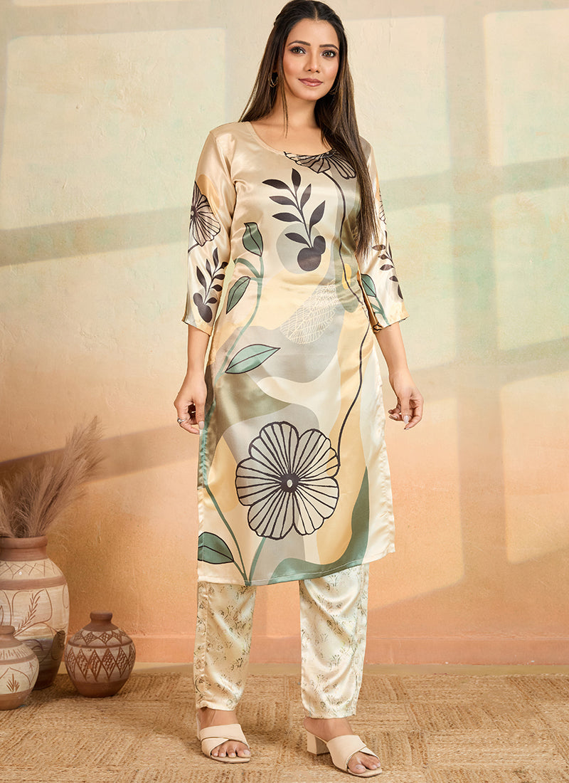Prazu Fashion Beige Printed Cotton Reyon Kurta Pant Set