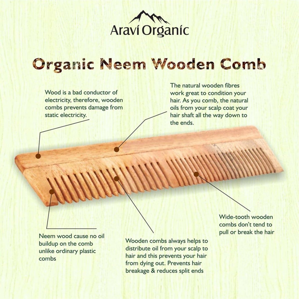 Aravi Organic Neem Wood Comb Fine and Wide Tooth 