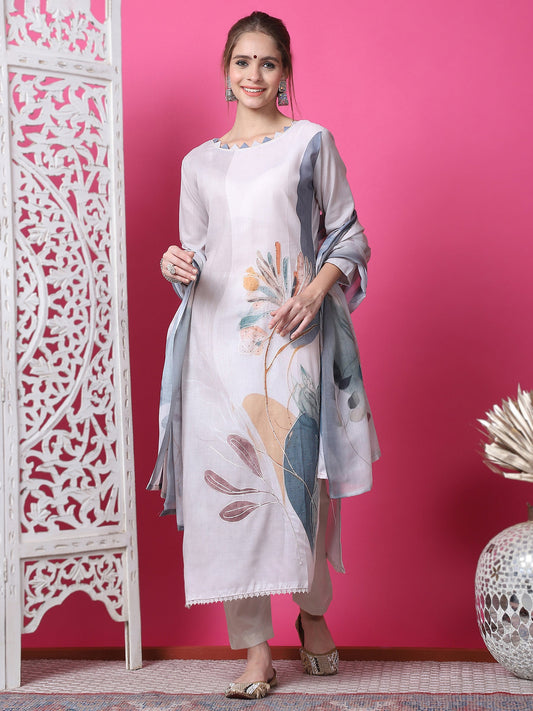 Jyoti Fashion Women's Beige Cotton Geometric Digital Print with Jari & Crystal Kurta with Trouser & Dupatta