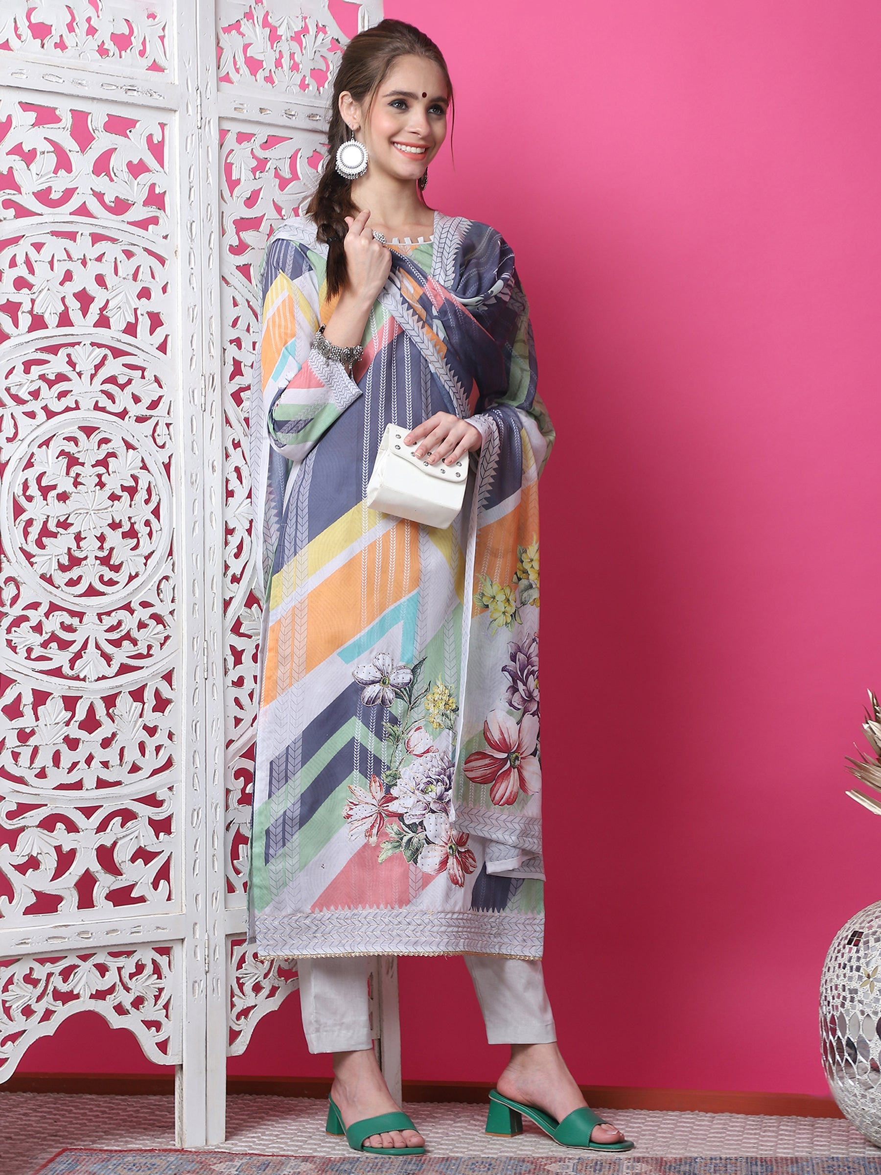 Jyoti Fashion Women's Multicolor Cotton Geometric Digital Print with Jari & Crystal Kurta with Trouser & Dupatta