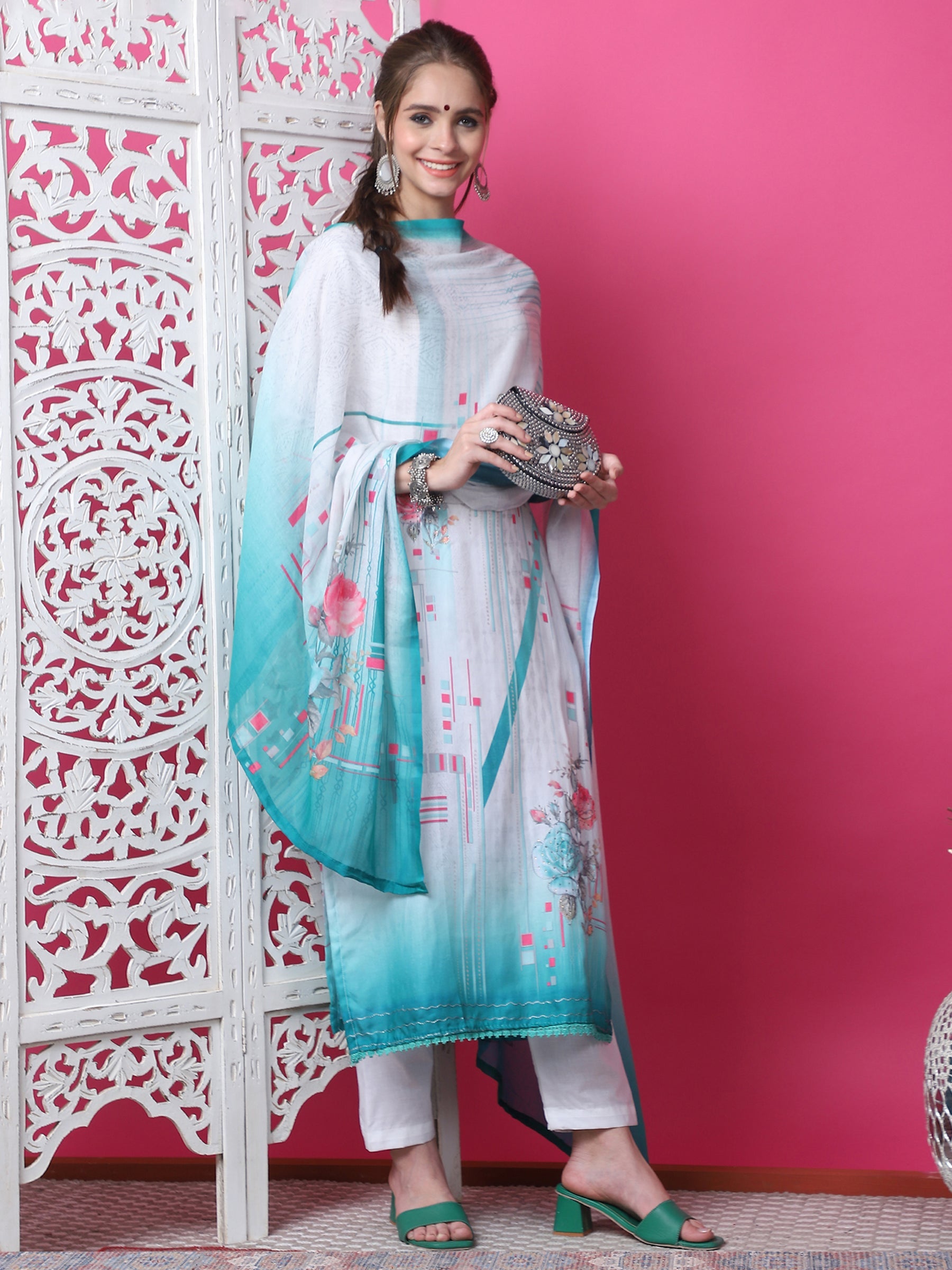 Jyoti Fashion Women's Multicolor Cotton Geometric Digital Print with Jari & Crystal Kurta with Trouser & Dupatta