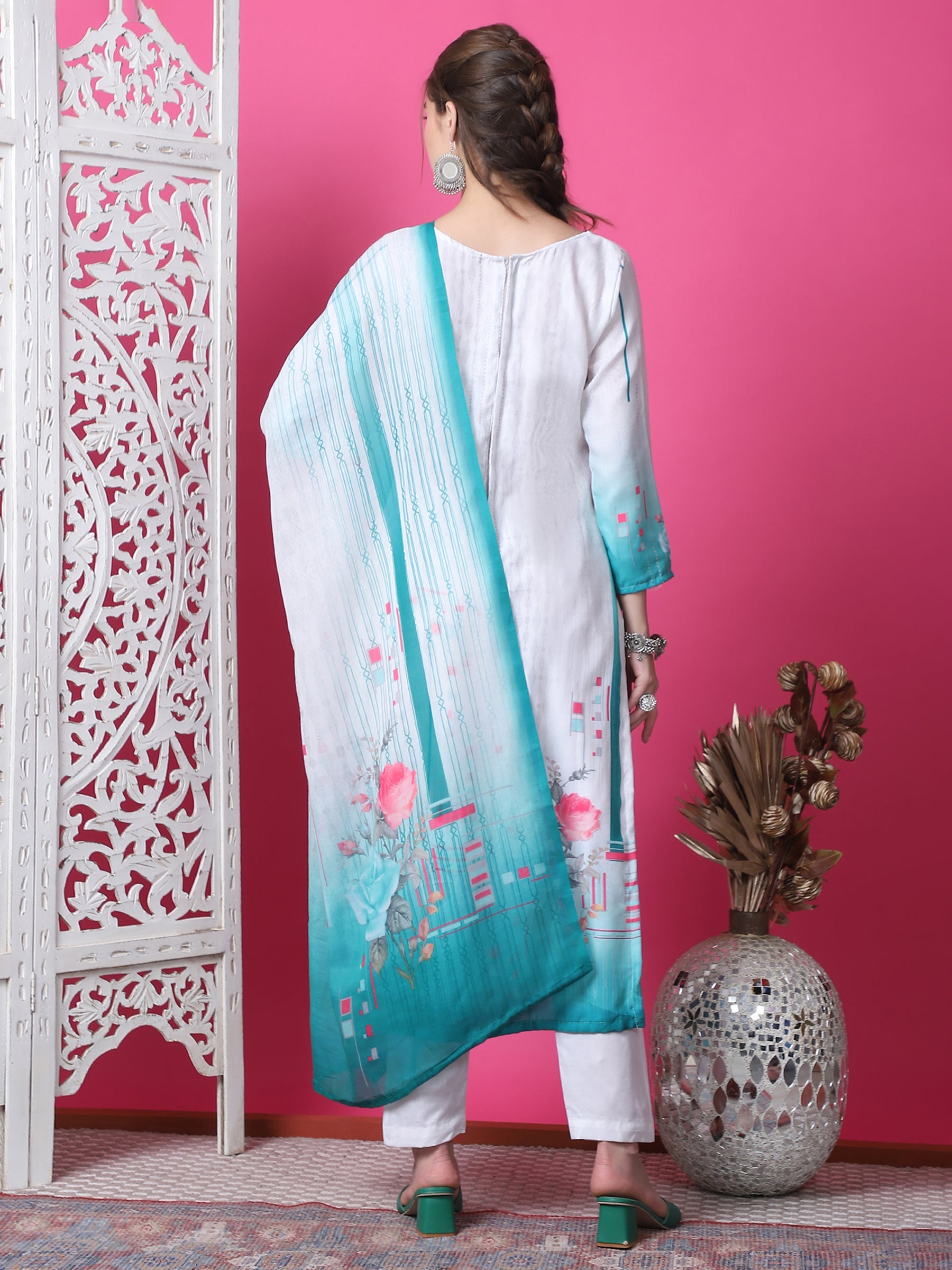 Jyoti Fashion Women's Multicolor Cotton Geometric Digital Print with Jari & Crystal Kurta with Trouser & Dupatta