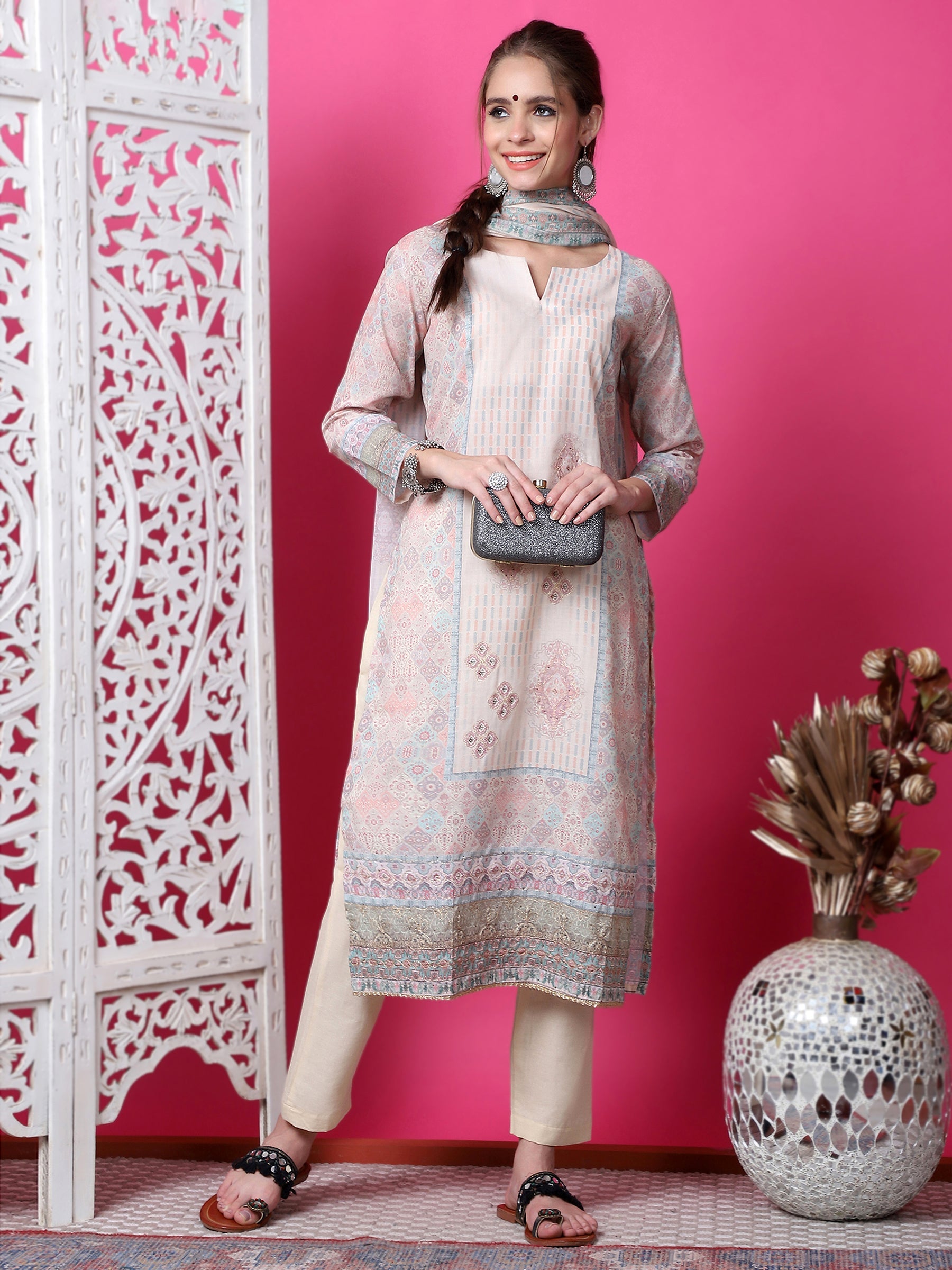 Jyoti Fashion Women's Beige Cotton Geometric Digital Print with Jari & Crystal Kurta with Trouser & Dupatta