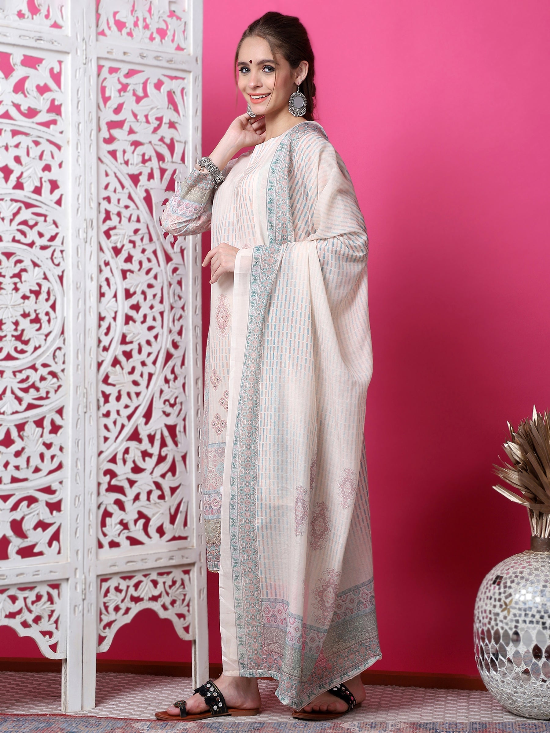 Jyoti Fashion Women's Beige Cotton Geometric Digital Print with Jari & Crystal Kurta with Trouser & Dupatta