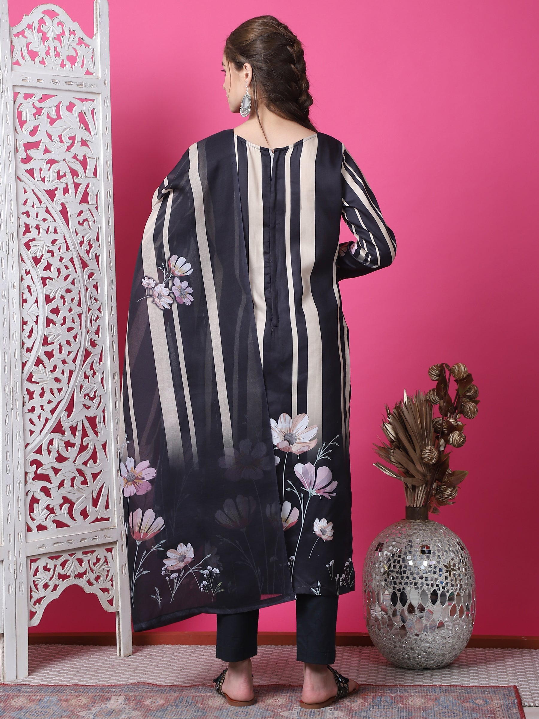 Jyoti Fashion Women's Black Cotton Geometric Digital Print with Jari & Crystal Kurta with Trouser & Dupatta