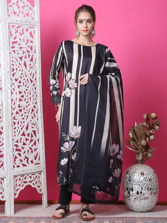 Jyoti Fashion Women's Black Cotton Geometric Digital Print with Jari & Crystal Kurta with Trouser & Dupatta