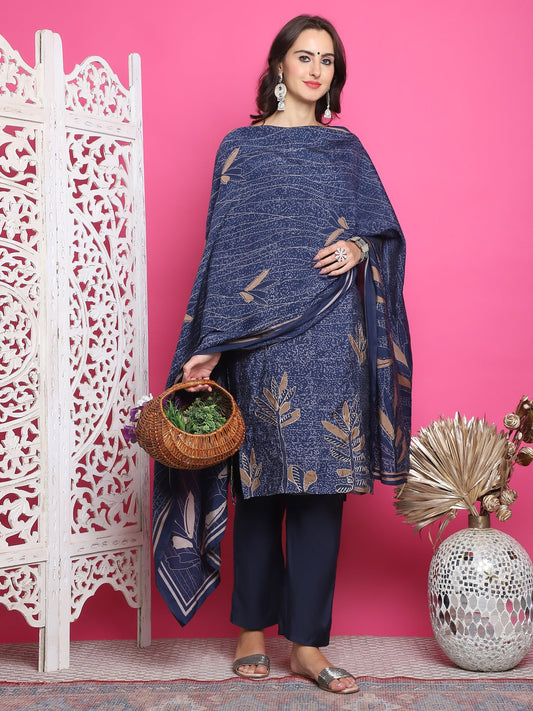 Jyoti Fashion Women's Navy Blue Muslin Floral Print with Jari & Crystal work Kurta with Trouser & Dupatta | Swadesiicart
