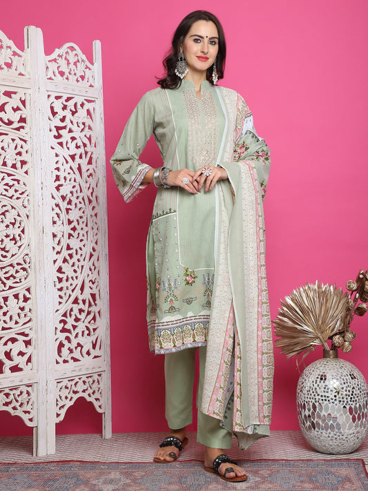 Jyoti Fashion Women's Green Cotton Floral Digital Print with Resham Thread Work Kurta with Trouser & Dupatta | Swadesiicart