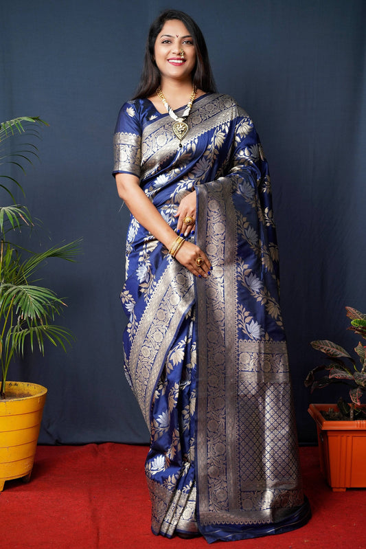 Jyoti Fashion Women's Navy Blue Handloom Banarasi Silk Zari Woven Grab2Buy with Blouse 