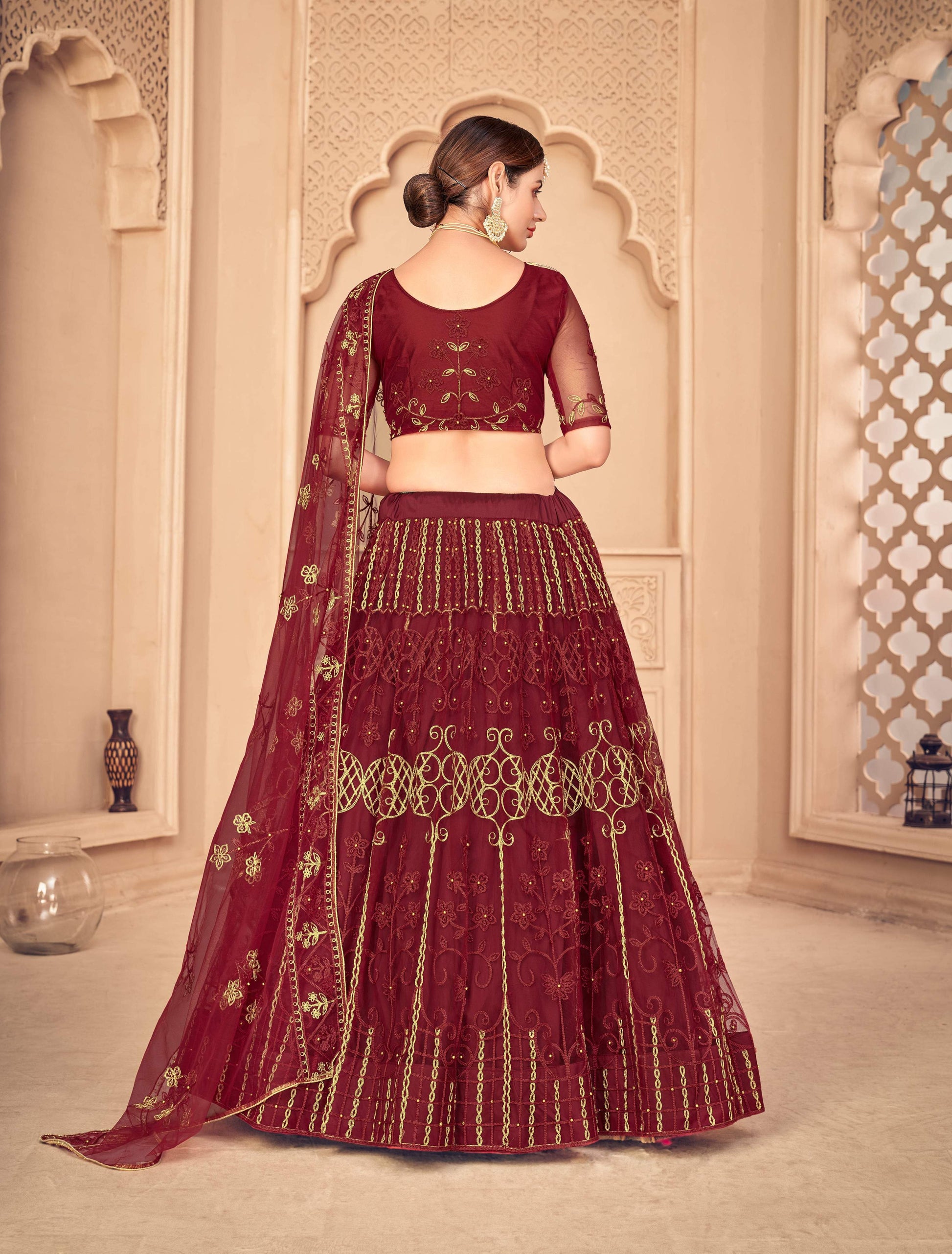 Jyoti Fashion Women's Maroon Net Thread Embroidered Designer Lehenga Choli Set