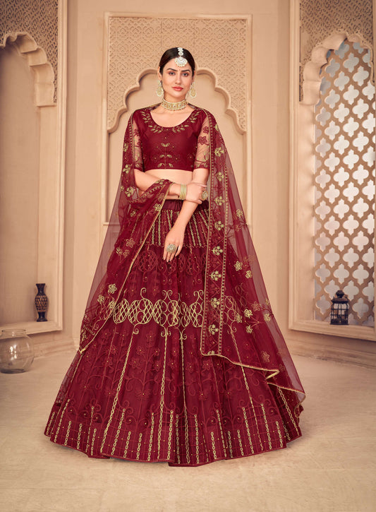 Jyoti Fashion Women's Maroon Net Thread Embroidered Designer Lehenga Choli Set